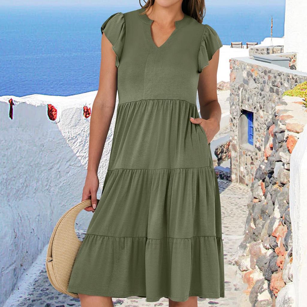 Женские богемные однотонные летние повседневные многослойные платья с v-образным вырезом и рюшами на рукавах