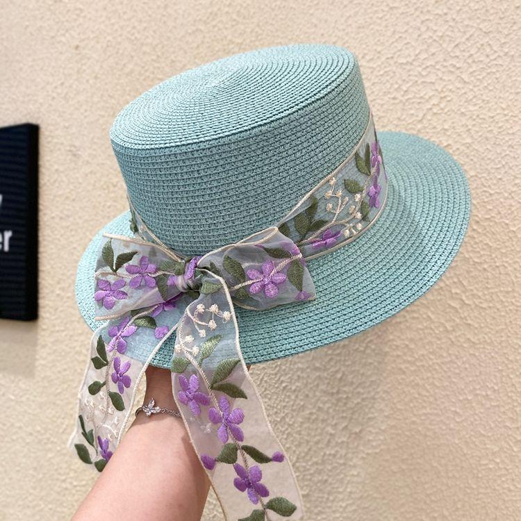 Женская соломенная плетеная шляпа-цилиндр с короткими полями, летняя, кружевная, вышитая, фиолетовая, с плоским верхом, солнцезащитная и защищающая от солнца, соломенная шляпа