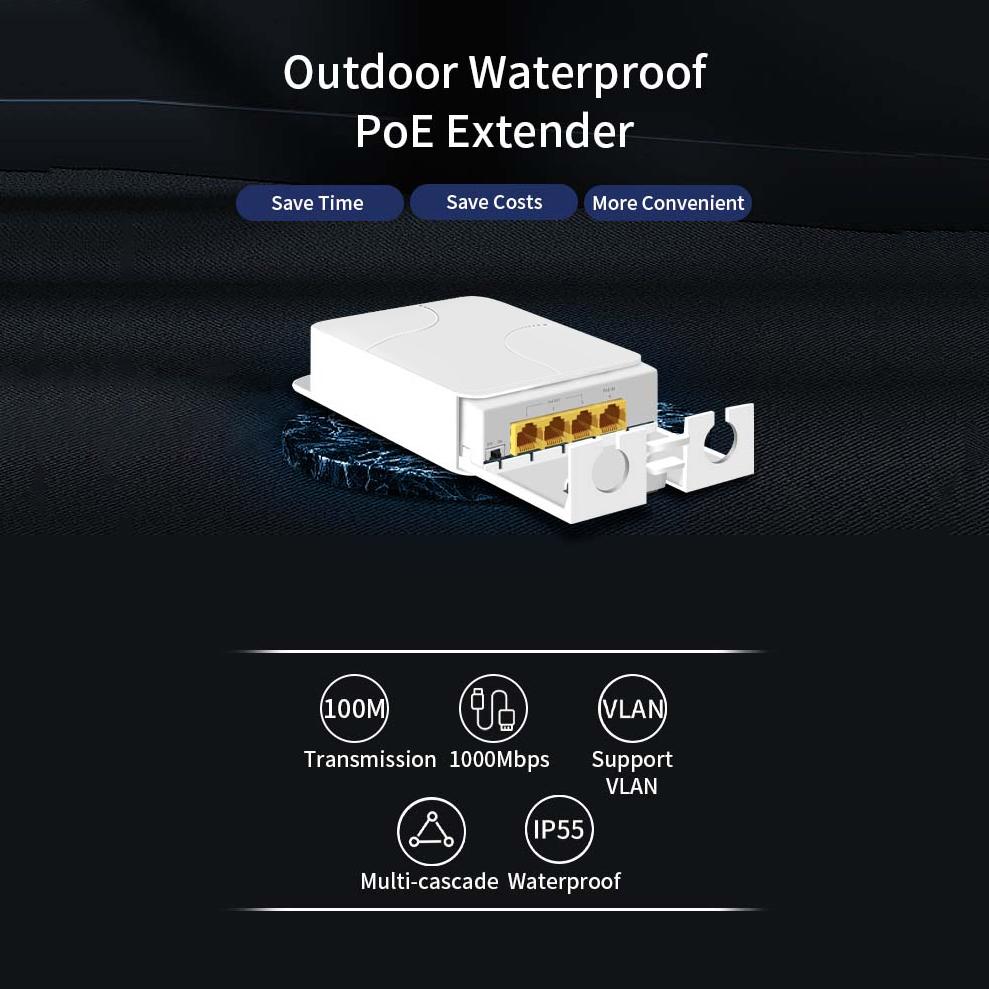 4-портовый POE-удлинитель POE-удлинитель Гигабитный ретранслятор 100/1000 Мбит/с Наружная сетевая карта IP55 VLAN 44-57 В для POE-камеры Wierless AP