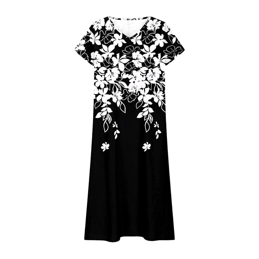 Women's Summer V-Neck Short Sleeve Cotton Linen Gradient Printed Loose Beach Dresses