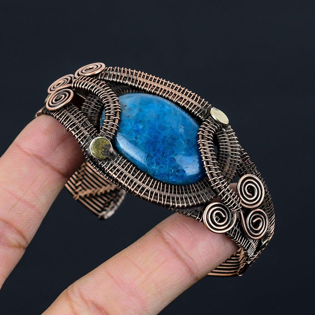 Elegant Neon Apatite Gemstone Pure Copper Wire Wrapped Handmade Cuff/Bangle Jewelry