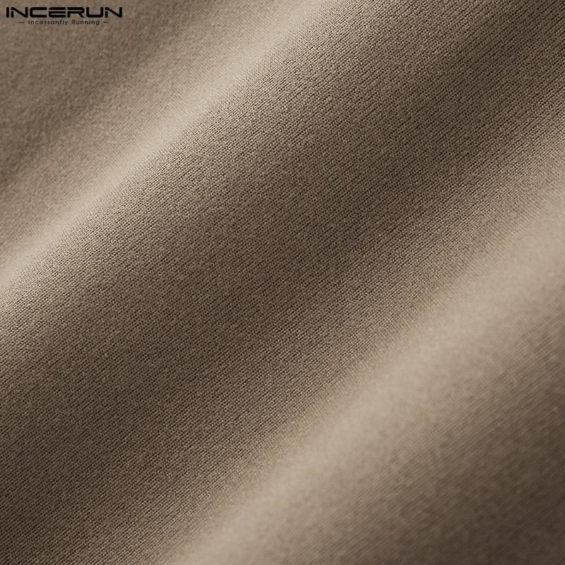 INCERUN Мужские футболки с коротким рукавом и воротником-стойкой, однотонные базовые топы