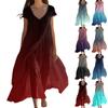 Women's Summer V-Neck Beach Long Short Sleeve Patchwork Gradient Dresses