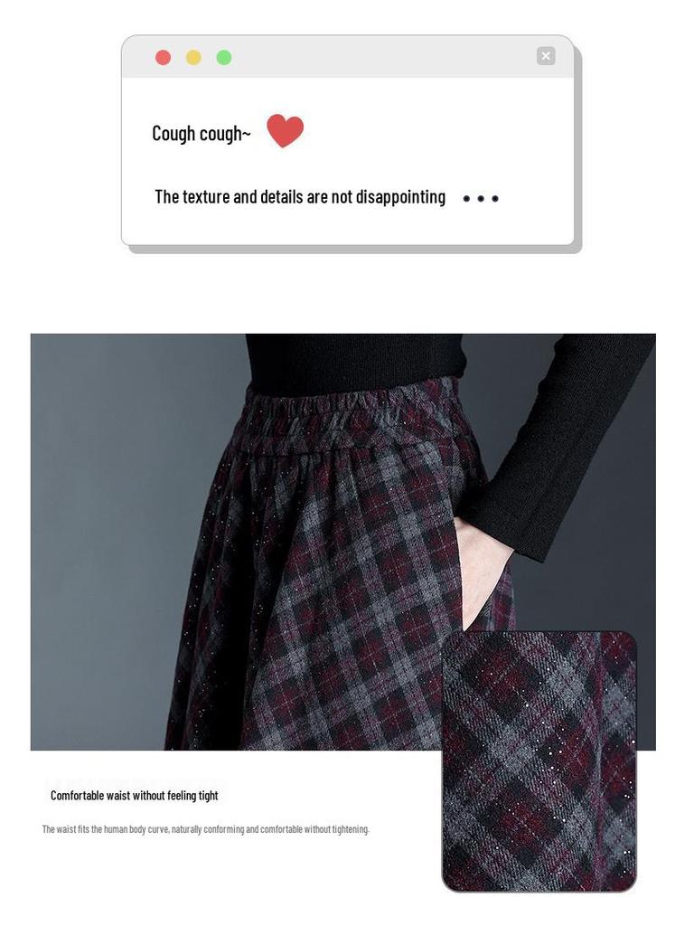 Plaid Drapey A-line Elastic Waist Pleated Midi Skirt - 2025 Winter Slimming Edition