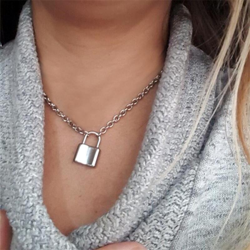 Silver Color PadLock Pendant Necklaces Link Chain Lock Necklaces Collar for Women Men