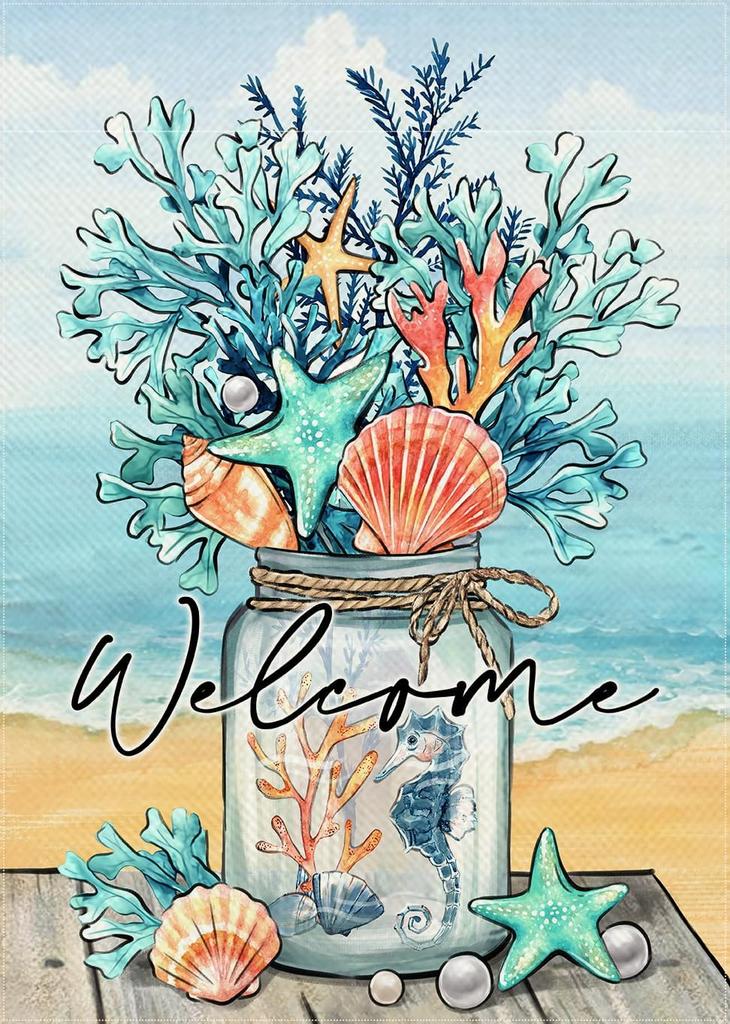 Welcome Summer Mason Jar Decorative Garden ag, Beach Coastal Coral Starfish Shell Sea Horse Yard Outside Decorations, Naut SSL