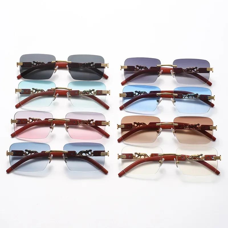 Small Rectangle Rimless Sunglasses Men Luxury Brand Frameless Leopard Sun Glasses for Women Vintage Square Eyewear Shades