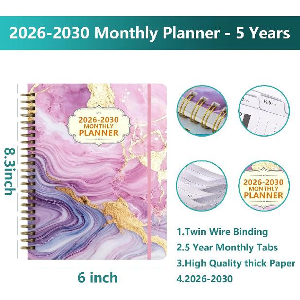 2026-2030 Monthly Planner, 5 Year Calendar Planner, Jan 2026 - Dec 2030, 8.3" x 6", Year Planner with Twin-Wire Binding, Holiday Reference, Notes