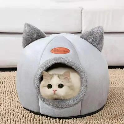 Форма головы кошки, милый и удобный теплый домик для кошек, безопасная пещера для сна, нескользящая полузакрытая конструкция, универсальное гнездо для кошек на все времена года