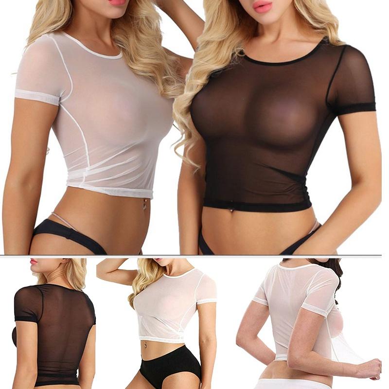 See Womens Fashion Through Mesh Sheer Tank Crop Top Vest Tshirt Blouse Tee Tops