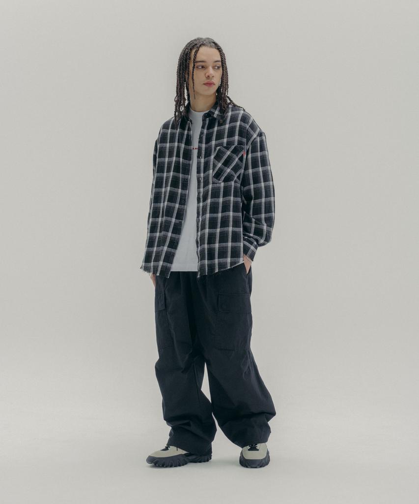 PSSHOPPER Oversized Damaged Wash Check Shirt [Black]