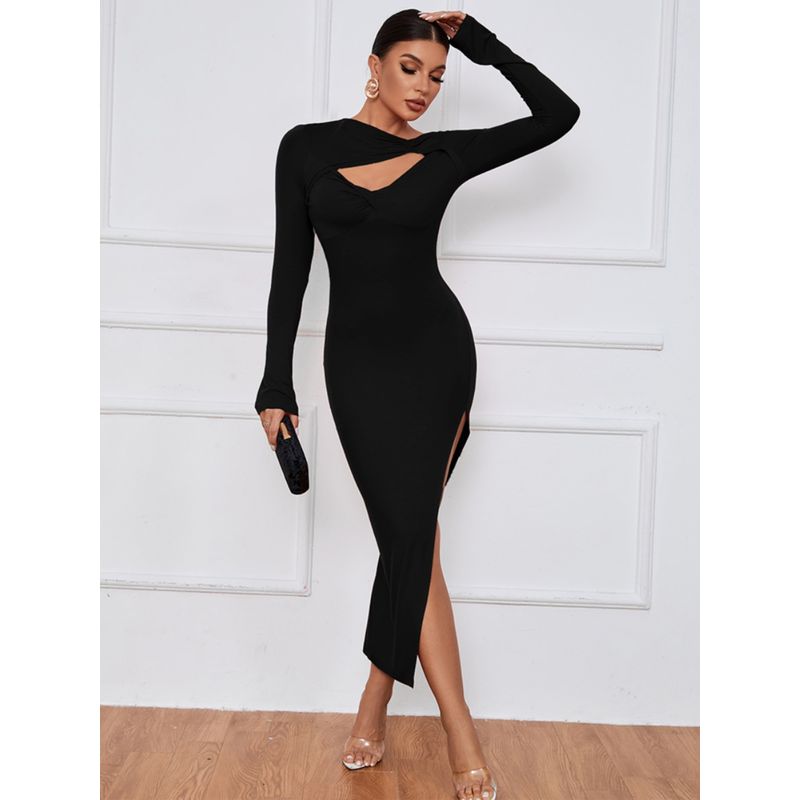 Fall New Arrival Women's Fashion Wind Chest Cut Out Kinky Silm Long Sleeves Dress Sexy High Split Elegant Dress