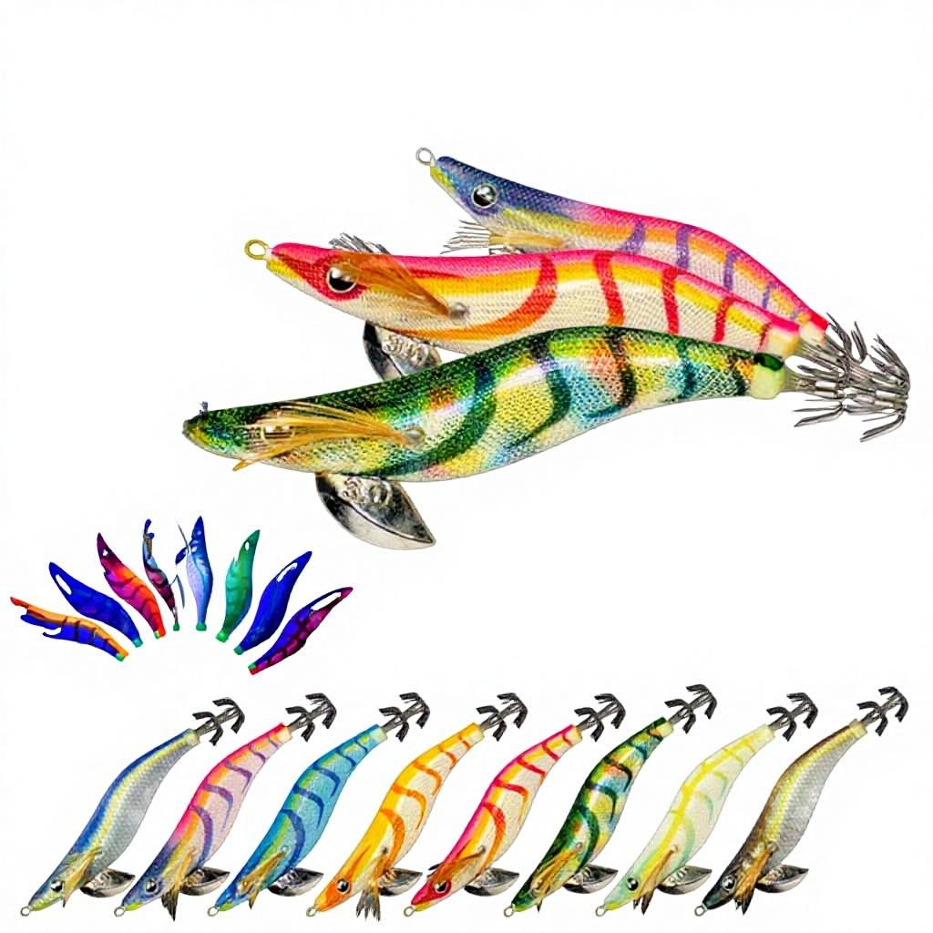 MOKE Wood Shrimp 25# 30# 35# Multi-color Artificial Hard Bait Eye Shrimp Squid Hook Saltwater