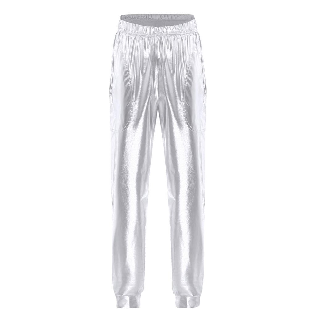 Женские металлизированные танцевальные брюки с высокой талией, эластичный пояс, свободный крой, спортивные брюки, блестящие, современные брюки