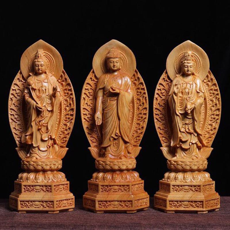 Boxwood Carving The Three Saints of the West Buddha Statue of Tathagata Guanyin Home Buddha Hall Worship Wooden Crafts Gift