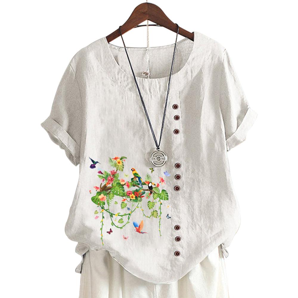 Fashionable Women's Cotton Short Sleeve Top with 11 Colorful Floral Prints and Round Neck