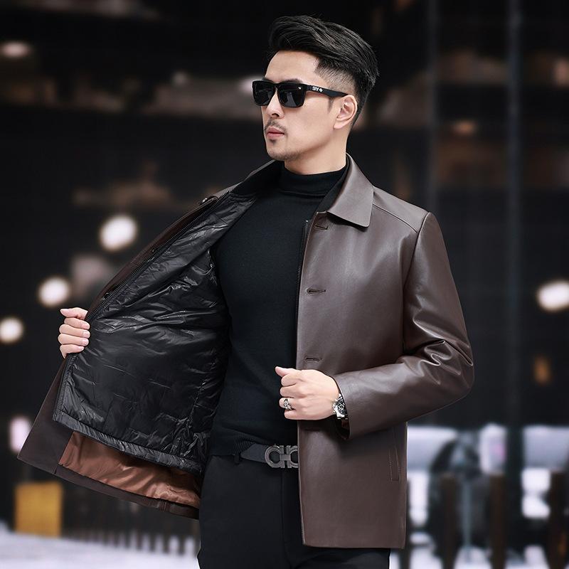 Мужская куртка из натуральной кожи осень-зима новая однобортная куртка средней длины из овчины для людей среднего и пожилого возраста