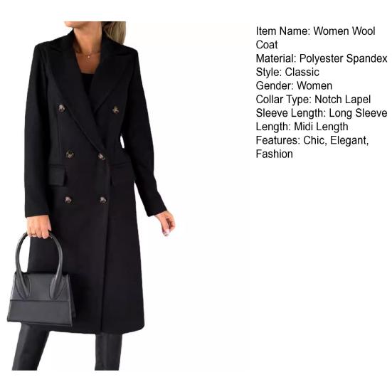 Women's Midi Long Wool Coat Double Breasted Trench Coat Classic Notch Lapel Peacoat Fall Winter Overcoat