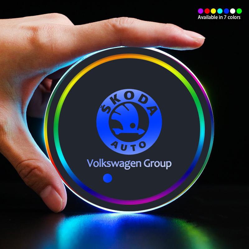 DYZ5 LED Car Cup Holder Light Luminous Coaster Water Cup Pad For Skoda Octavia Rapid Kodiaq Karoq Fabia Kamiq Superb Derivative
