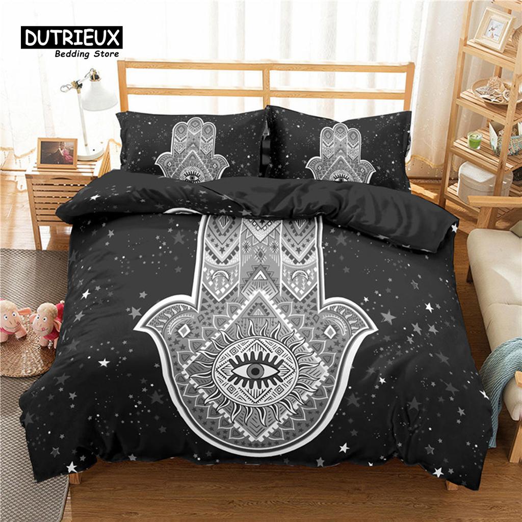 Hamsa Hand Duvet Cover Set Microfiber Golden Lucky Hand Of Fatima Bohemian Quilt Cover Black Gold Bedding Set Queen Room Decor