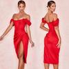 Летние сексуальные длинные облегающие платья Женское белое красное платье с открытыми плечами Сплошной цвет на бретельках Сексуальное платье с разрезом Женская одежда Платье для вечеринок и клубов