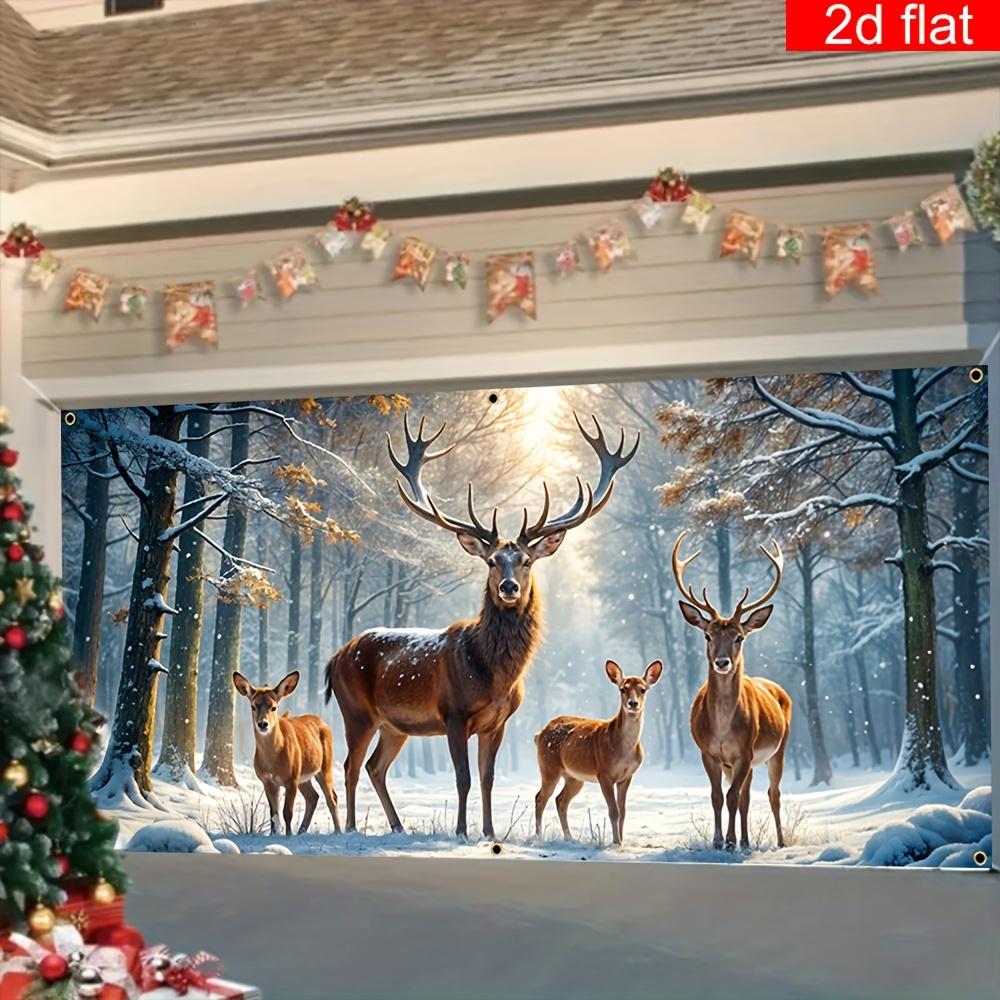 2D flat 1 Christmas garage door polyester banner - Snow forest reindeer scene, suitable for winter holiday party decoration