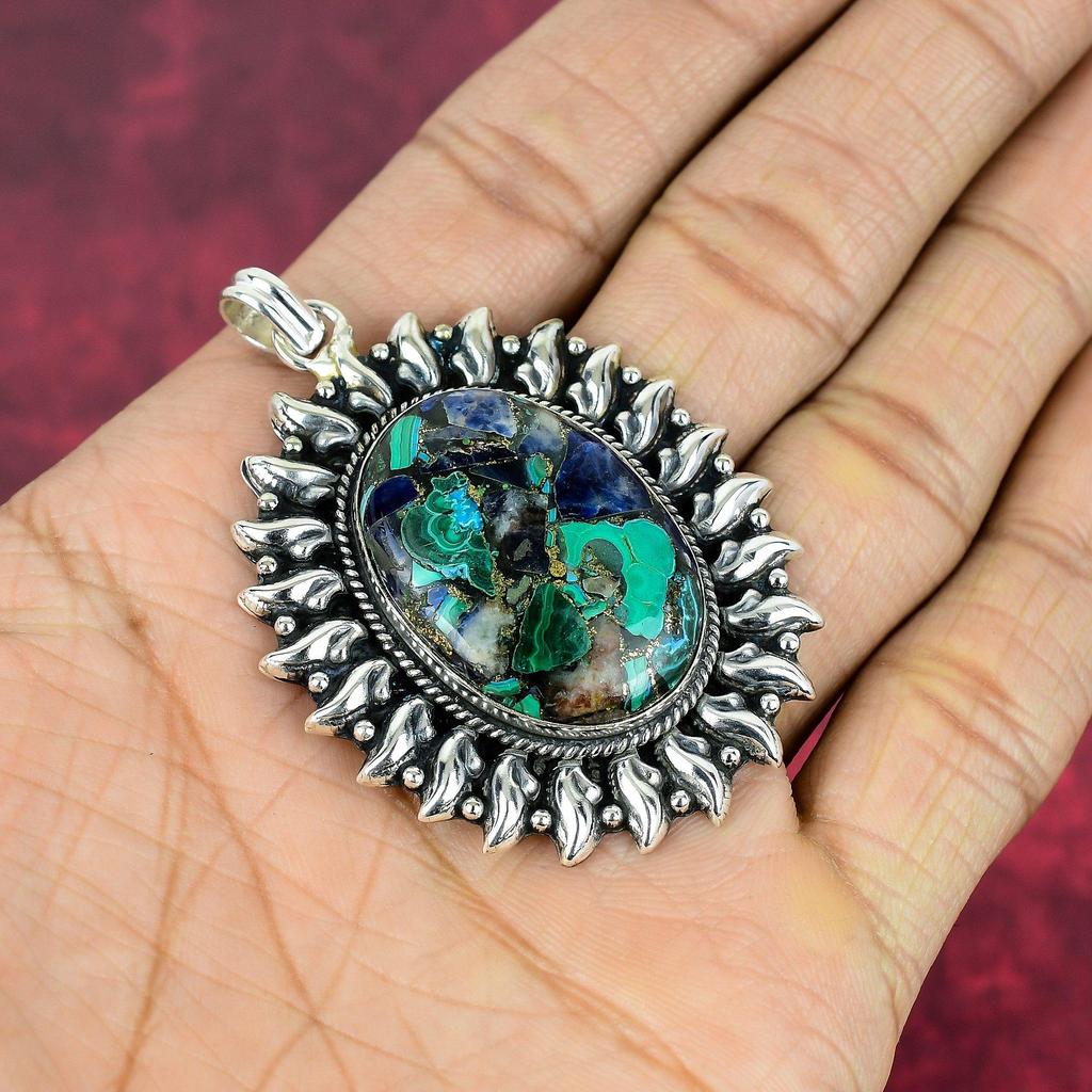Copper Azurite Malachite Pendant, 925 Solid Sterling Silver Gemstone Jewelry, Handmade Pendant, For Memorial Day