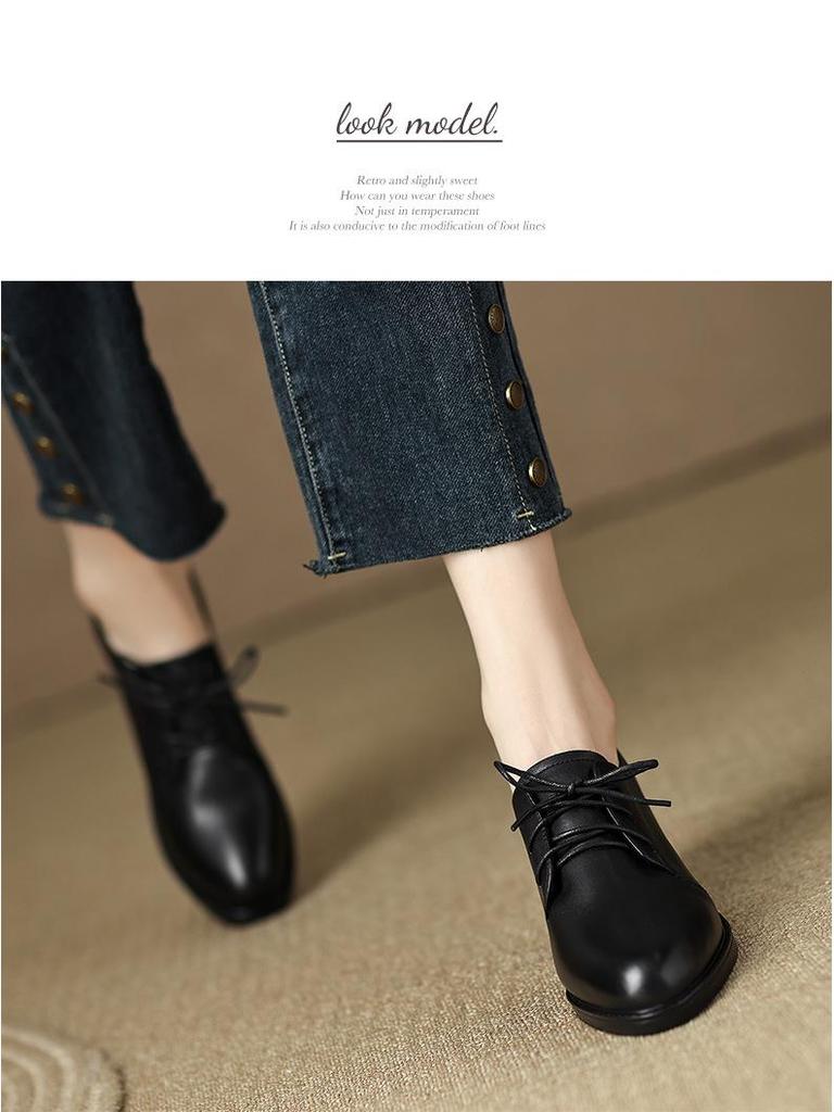 Женские повседневные туфли из мягкой кожи на шнуровке - средний каблук, круглый носок, доступны большие размеры