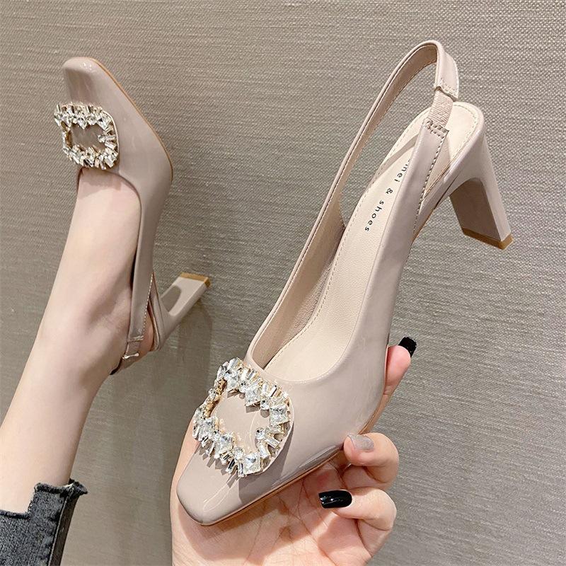 Туфли из лакированной кожи с квадратной головкой, женские, со стразами, квадратной пряжкой, толстый каблук, высокие каблуки, пустые босоножки с высоким каблуком