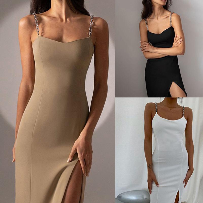 Elegant Women Sexy Dresses Chain Strapless Sleeveless Midi White Dress Basic Split Bodycon Summer Young Style Party Club Dress 20912