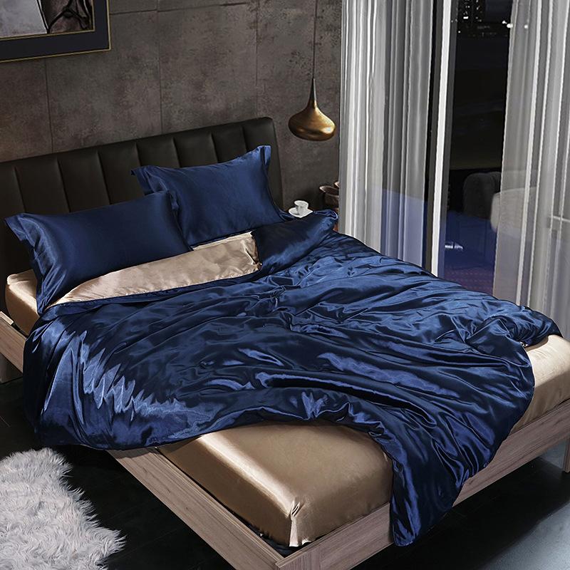 European Solid Color Mulberry Silk Bedding Sets Ice Silk Satin Cooling Bedclothes High Quality Skin-Friendly Smooth Duvet Kit