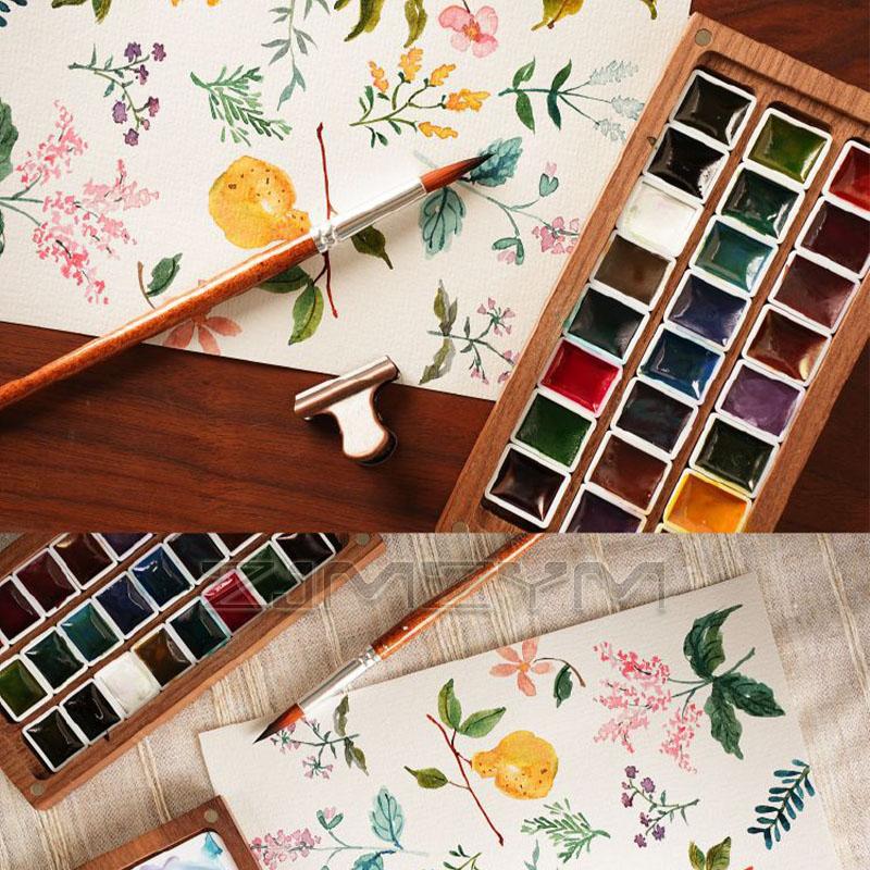 24-color Watercolor Paint Solid Watercolor Pigments Separate Packaging Wooden Box Art Painting Sketching Portable Color Palette