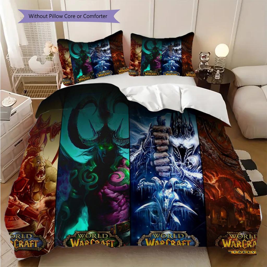 Fantasy Warriors Unite Azeroth Three-piece set (1 * duvet cover + 2 * pillowcase, without core) 2D Flat Christmas birthday gift Soft and comfortable