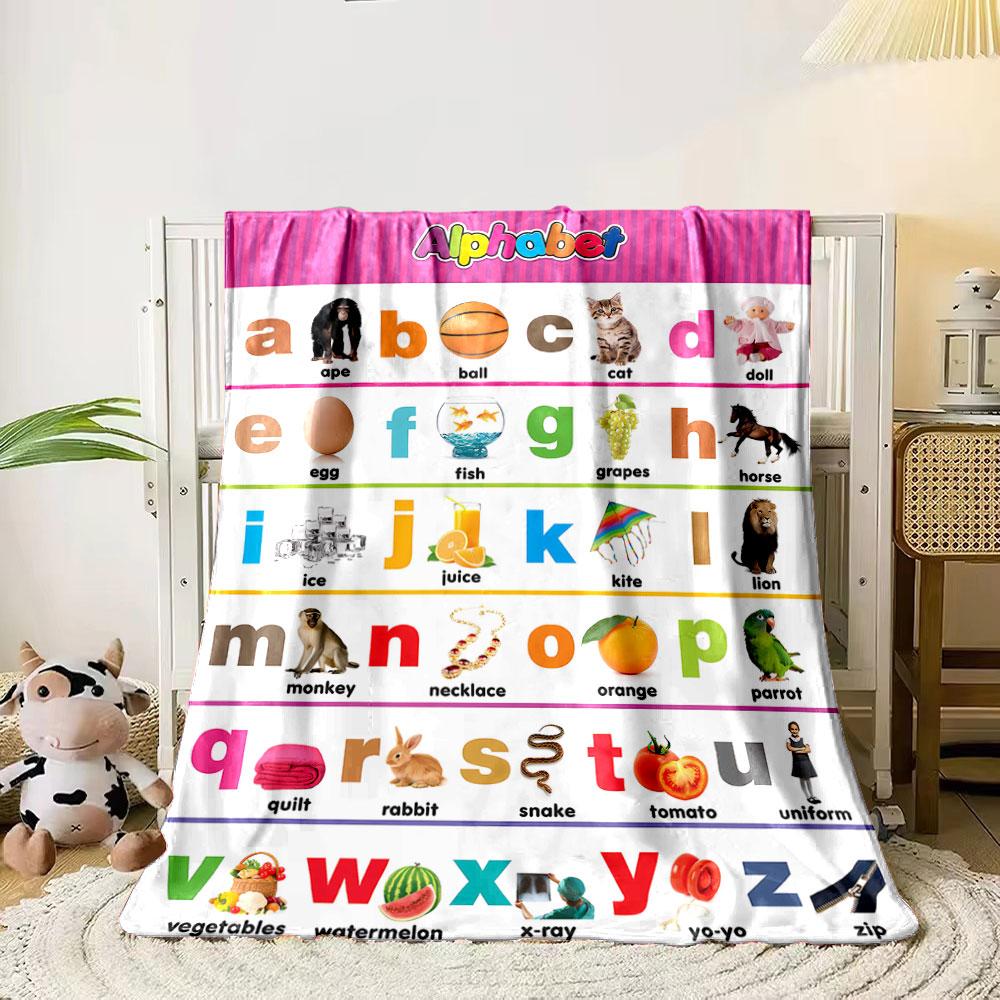 Alphabet letters paired with corresponding objects and images. for all seasons blanket lunch break throw gift
