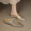 Krazing Pot Straw Weaving Mules Summer Size 42 Bowtie Gold Silver Color Thick Low Heels Women Women Square Toe Sandals