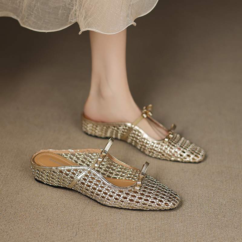 Krazing Pot Straw Weaving Mules Summer Size 42 Bowtie Gold Silver Color Thick Low Heels Women Women Square Toe Sandals
