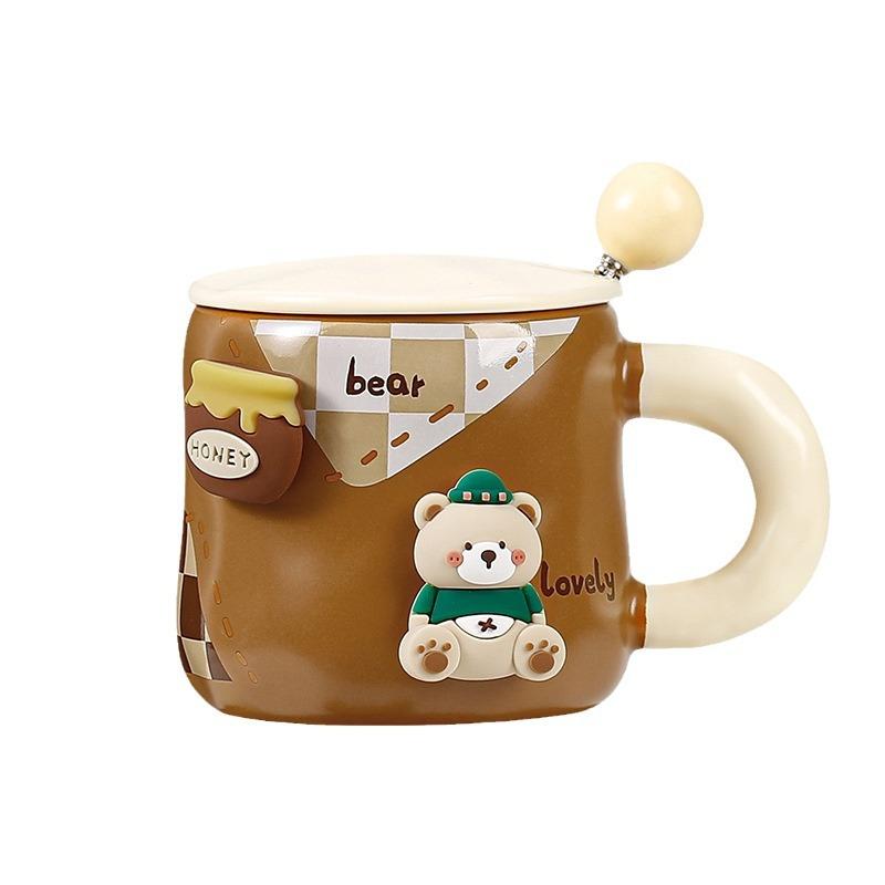Милая кружка с изображением медведя, мультяшная ложка с крышкой, керамическая чашка для воды, красивая ручная подарочная кофейная кружка