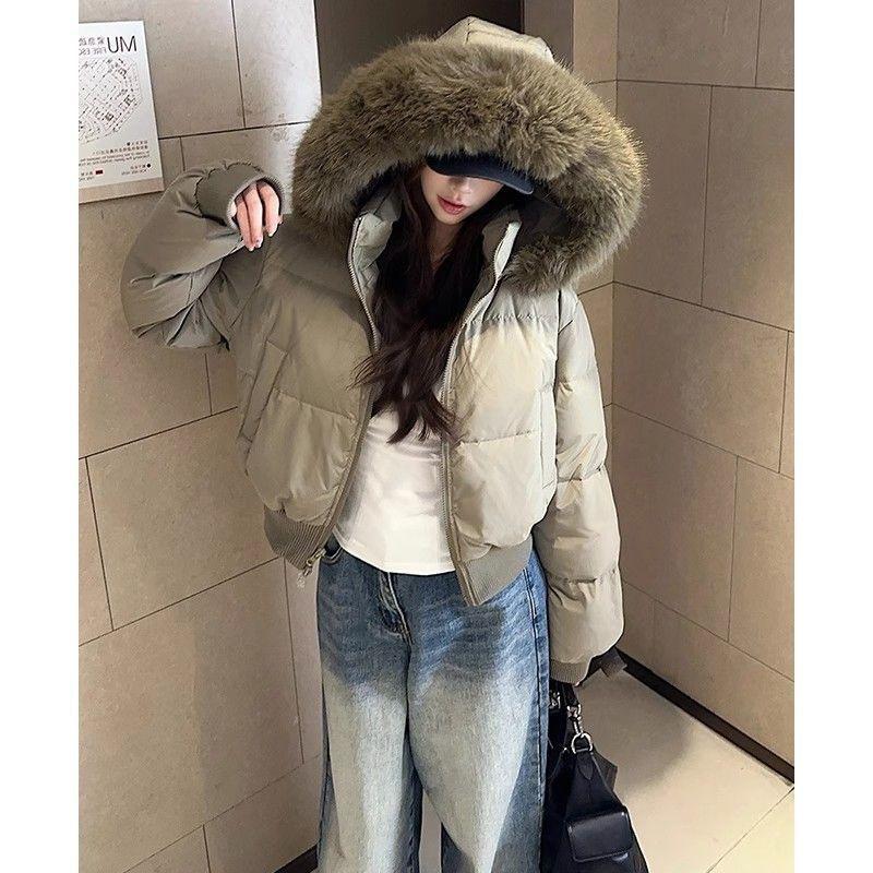 Retro Winter New Cotton Coat Women's Fur Collar Hooded Waist Slimming Short Cotton Coat Thickened