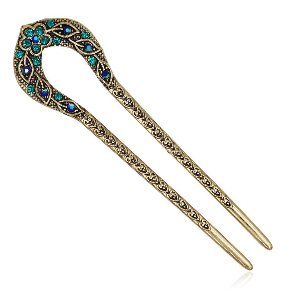 Antique Delicate Bronze Plated Rhinestone Flower Hair Accessories U-shaped Hairpins Stick Pin