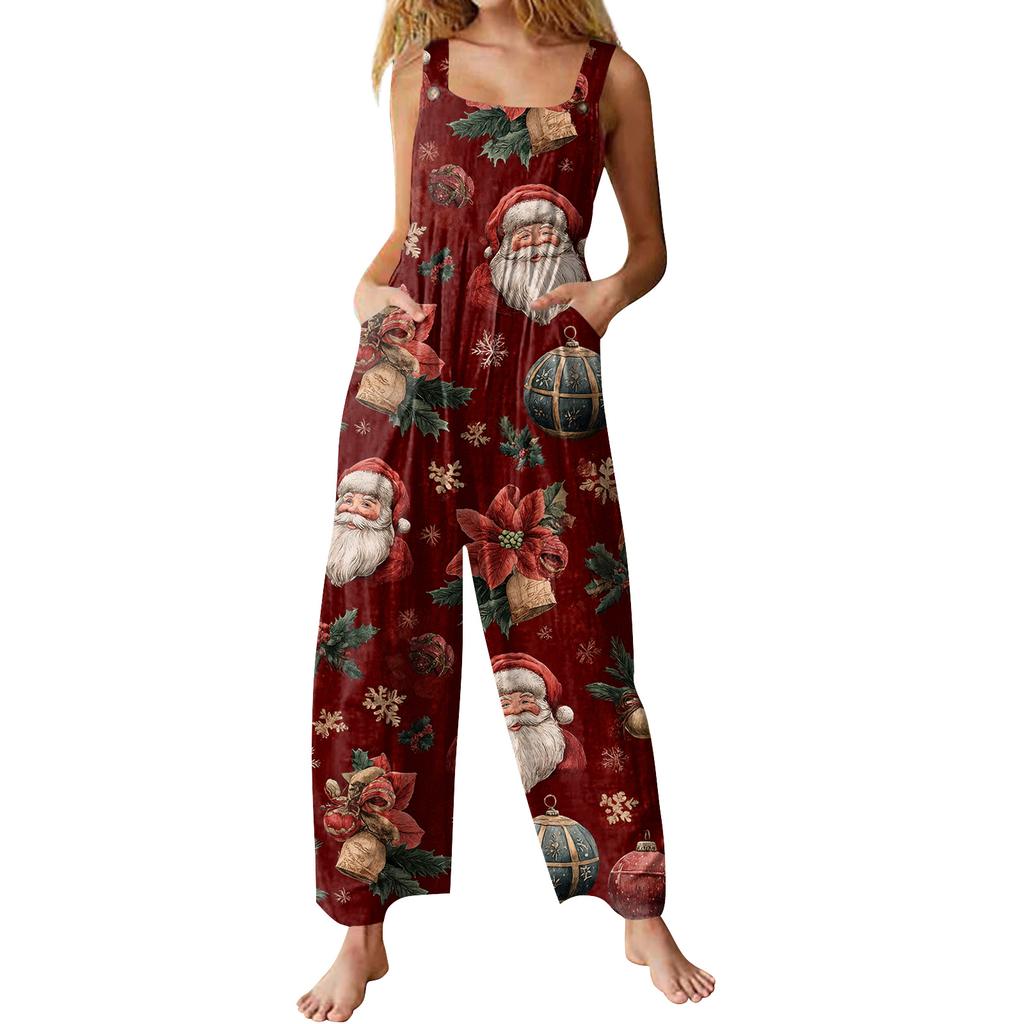 Womens Casual Overalls Jumpsuits Adjustable Straps Sleeveless Print Comfy Rompers With Pocket