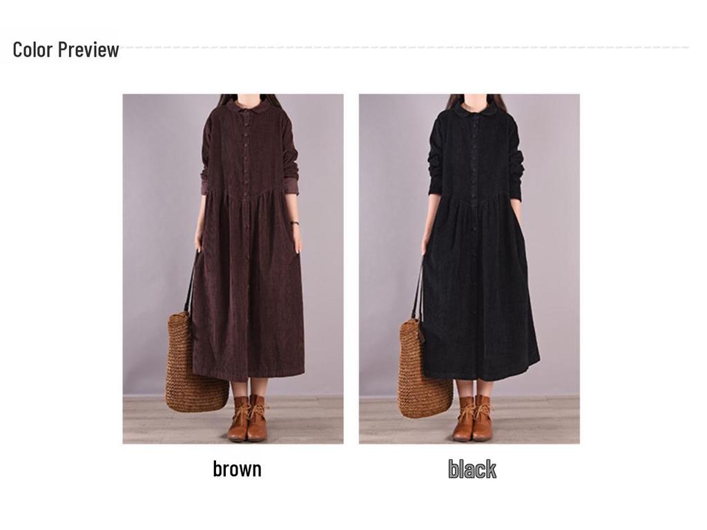 2025 Весна/Осень Ретро Вельветовое Свободное Платье с Длинным Рукавом Однотонное