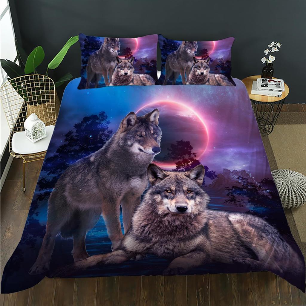 Purple Starry Night Galaxy Wolf Three-piece Quilt Cover 3D Digital Printing Bedding Set Bed Cover