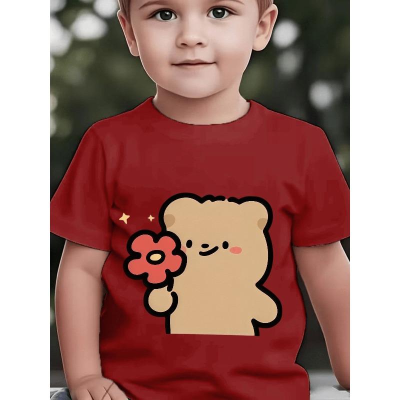 European sizes Boys' Short-Sleeve Summer Top with Cute Cartoon Bear, Flower, and Star Patterns