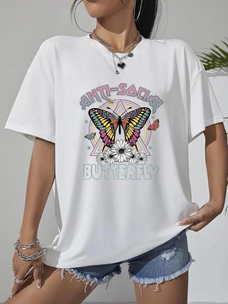 Gothic Butterfly Cartoon Oversized T-shirts Korean Version Short Sleeve Cotton Tees Shirts Summer White Comfortable T Shirts
