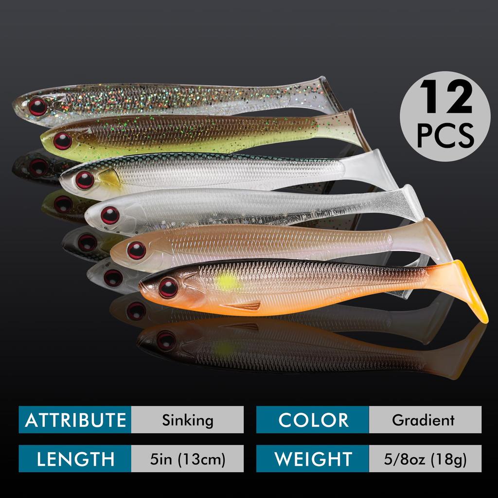 TRUSCEND Мягкая приманка с хвостом-лопаткой Swimbait, светящаяся в темноте, мягкая приманка Jerkbait Ultimate Attraction 12 шт., -