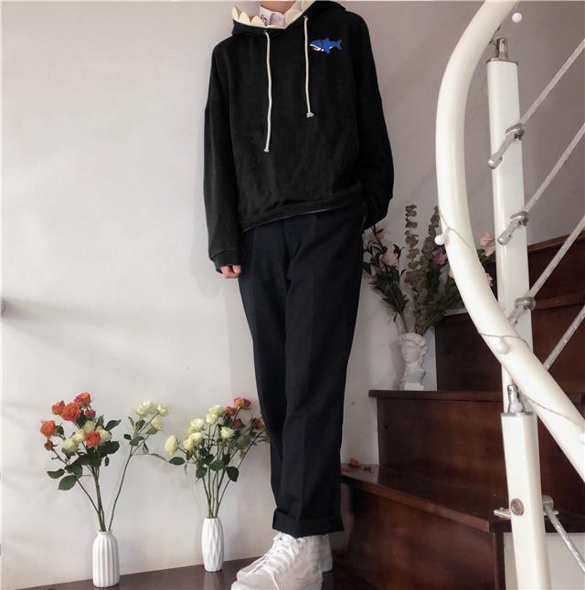 Толстовка с шапкой акулы Осень/Зима 2021: Унисекс, Вельвет, Свободный крой, Подходит для студентов, Забавный дизайн.