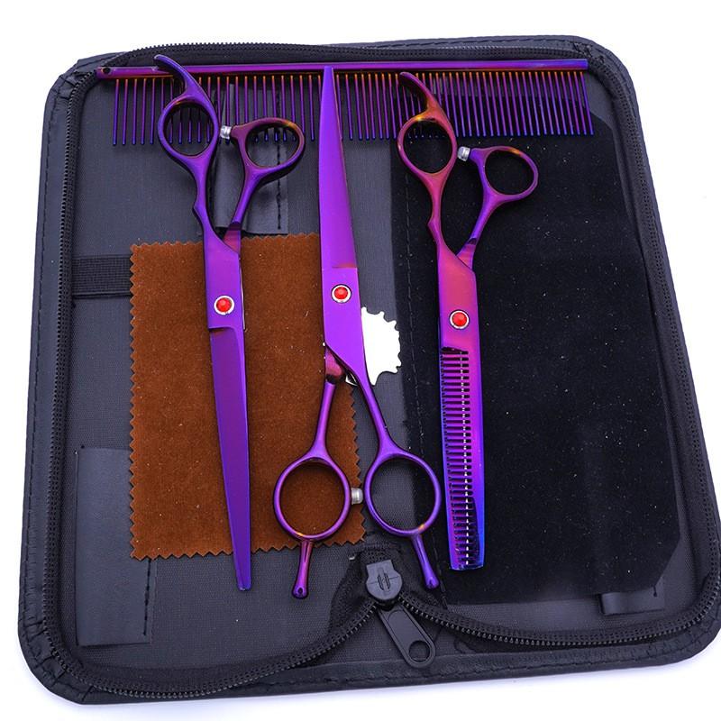 Professional Dog Grooming Scissors Set 7 Inch Stainless Steel Curved Straight Tooth Fishbone Kit Pet Hair Trimming