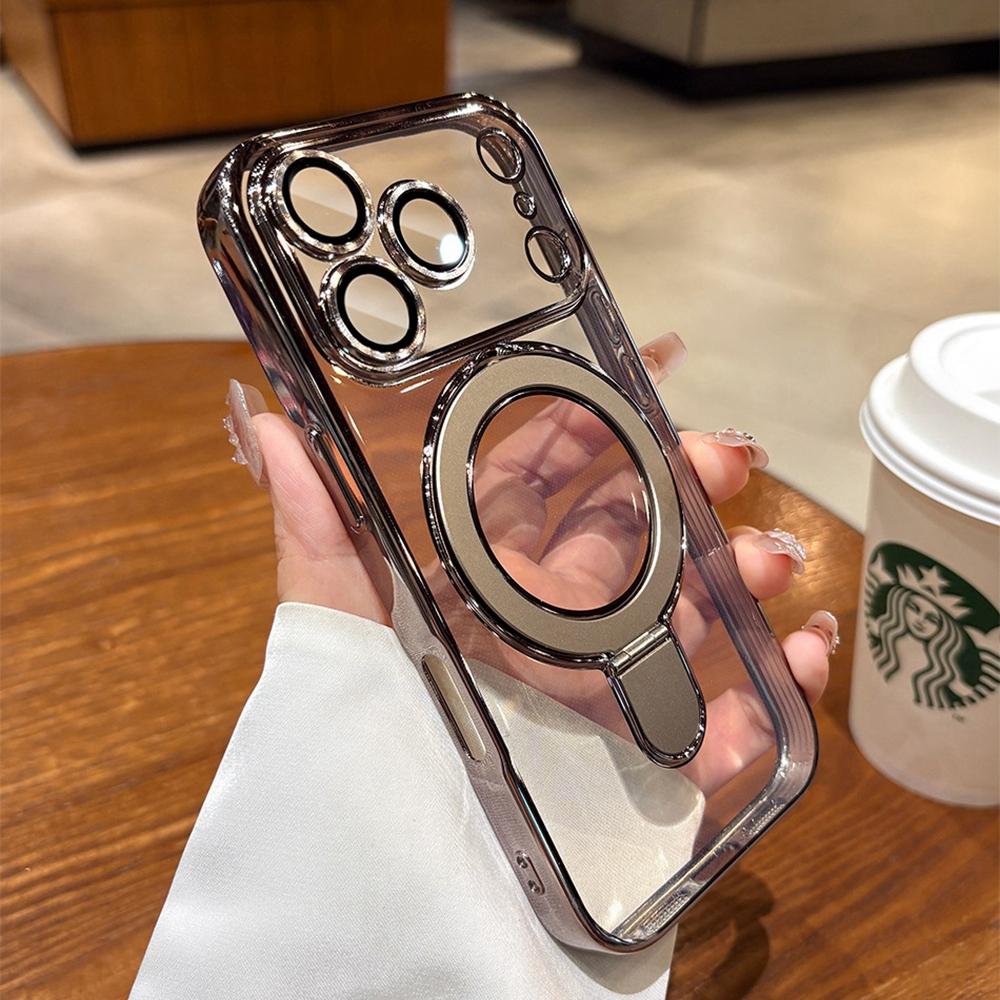 Transparent Plating Phone Case For iPhone 17 Pro Max Air 14 15 Plus 11 12 13 16 Pro For Magsefa Wireless Charge Ring Stand Cover