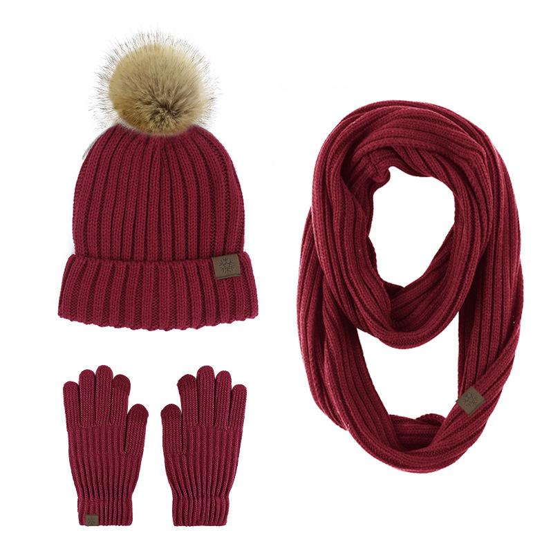 New Product Winter Adult Women's Hairball Knitted Hat Scarf Gloves Three-piece Outdoor Warm Scarf Set