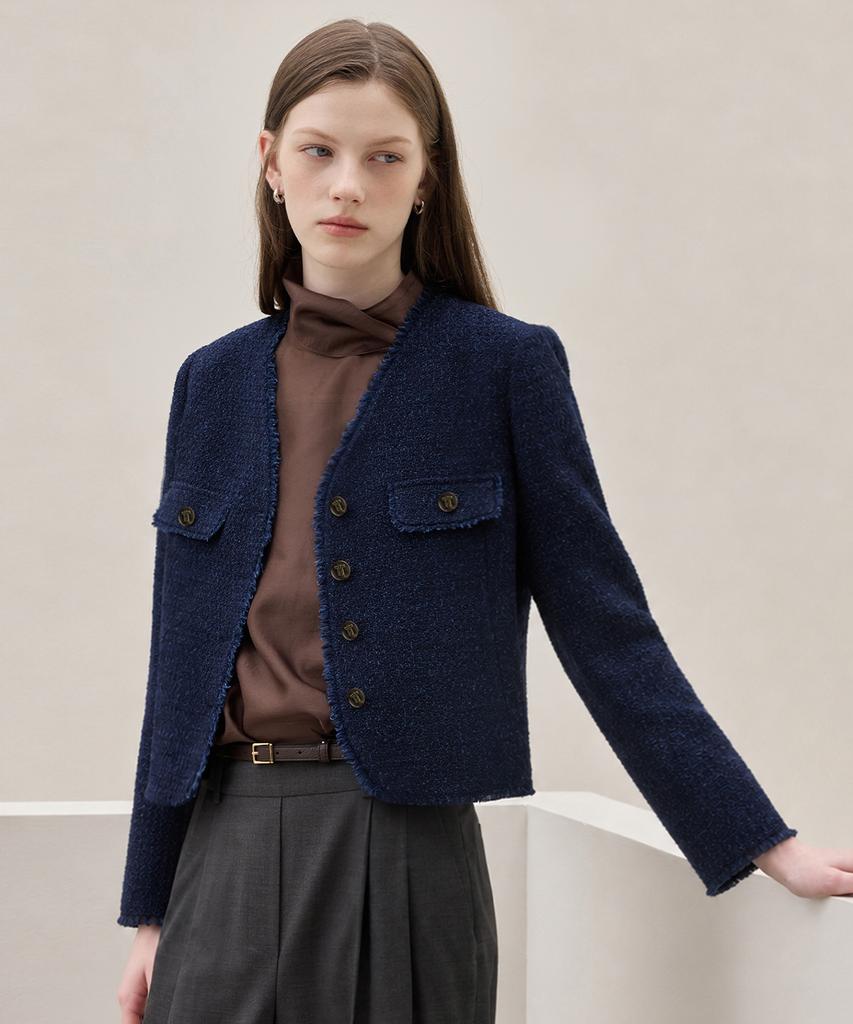 HYYK Fringe Trim Tweed Jacket_Melange Navy